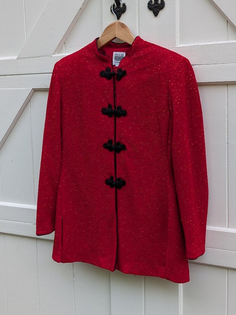 Vintage 90s R&M Richards Red Glitter Mandarin Collar Frog Closure Jacket (14P)
